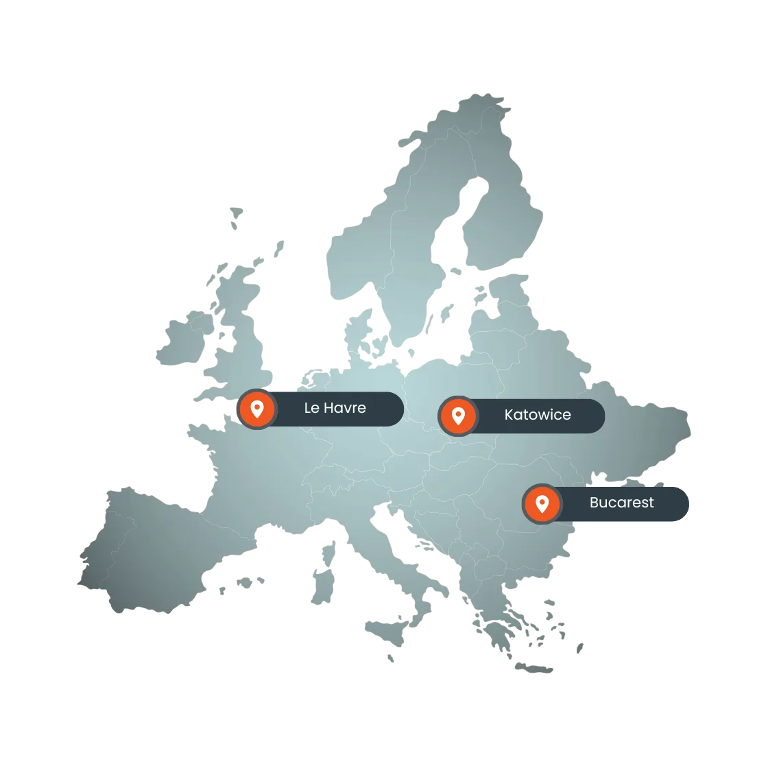 illustration d’une carte de l’Europe avec l’emplacement des trois agences d’EUROPP Jobs (Le Havre, France - Katowice, Pologne - Bucarest, Roumanie)