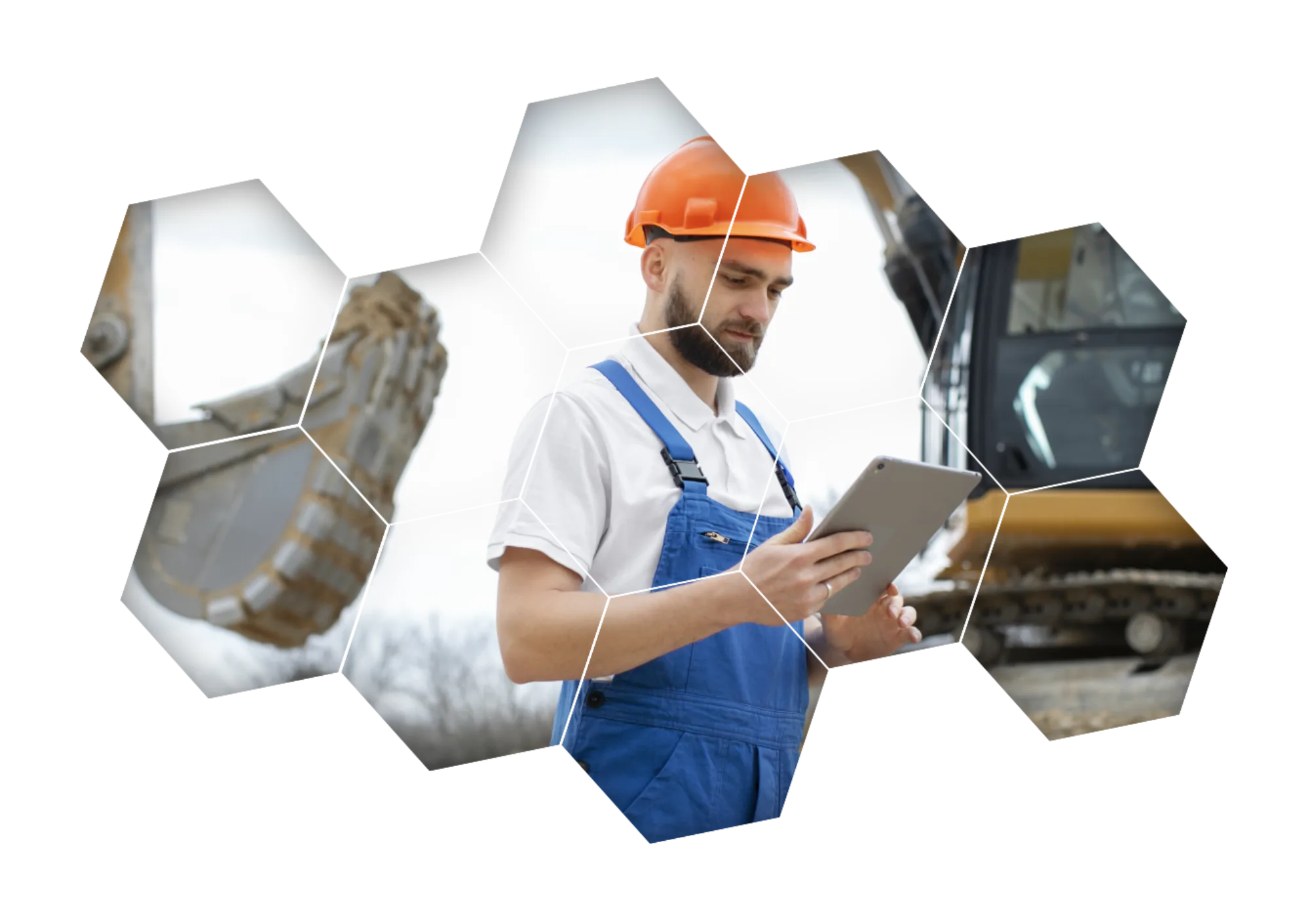 conducteur d’engins de chantier roumain avec une pelleteuse en arrière-plan