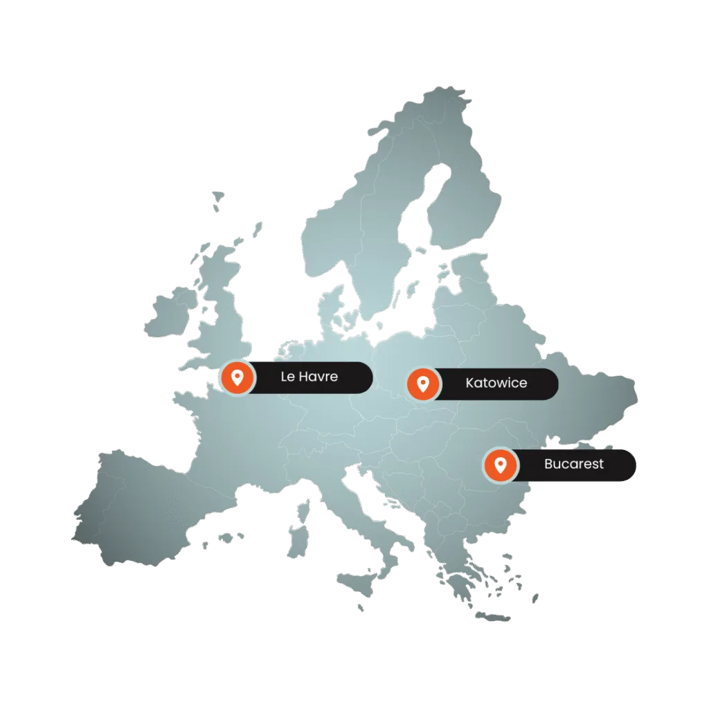 illustration d’une carte de l’Europe avec l’emplacement des trois agences d’EUROPP Jobs (Le Havre, France - Katowice, Pologne - Bucarest, Roumanie)
