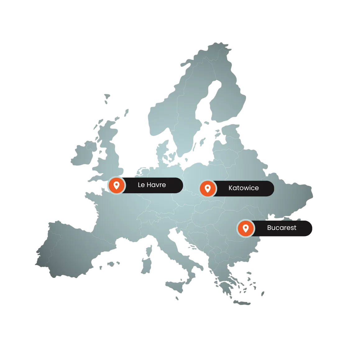 illustration d’une carte de l’Europe avec l’emplacement des trois agences d’EUROPP Jobs (Le Havre, France - Katowice, Pologne - Bucarest, Roumanie)